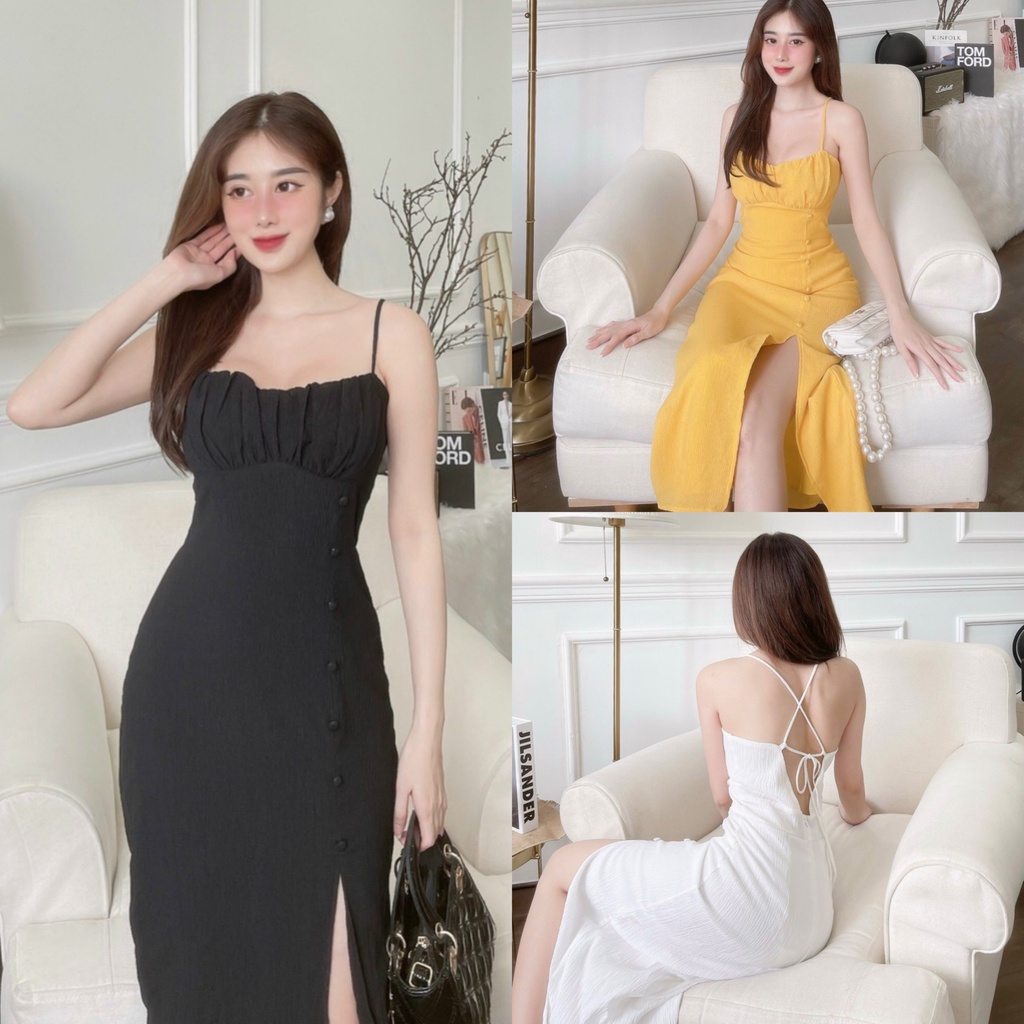 [Ảnh thật] Đầm ôm body 2 dây nhún ngực xẻ tà đính nút bọc cực quyến rũ