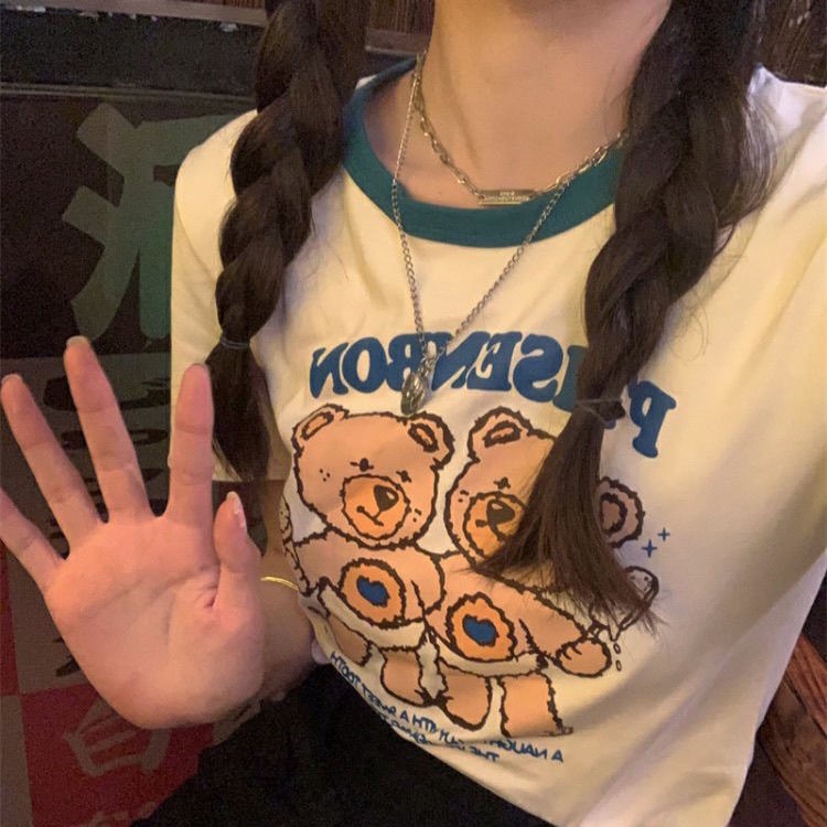 Áo Thun Crop Top Tay Ngắn Vải Cotton In Hình Gấu Thời Trang 2022 Cho Nữ