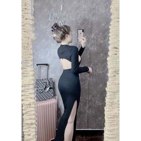 Set Đầm Gân Tăm Cổ V Hở Lưng Giọt Nước Eo Kèm Khoác
