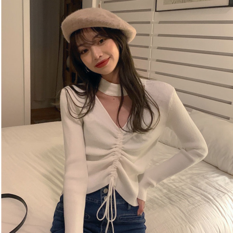 Áo Sweater Dệt Kim Mỏng Tay Dài Cổ Chữ V Màu Sắc Đơn Giản Phong Cách Hàn Quốc Cho Nữ