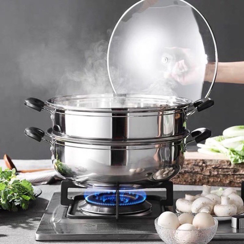 Bộ xửng hấp inox 28cm - nồi hấp đa năng 2 tầng cao cấp nắp kính tiện dụng hấp xôi - hấp bánh bao