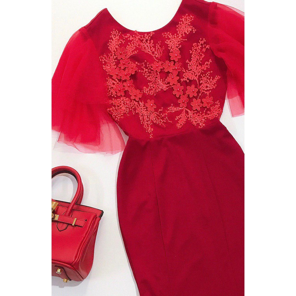 [ xả kho ] MiD Đầm đỏ thiết kế V1163 chất umi nhật đáp ren thêu hoa thủ công
