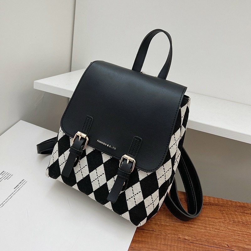 Balo nữ hoạt tiết kẻ caro vintage cài nắp tiện lợi size 25cm