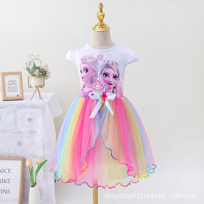 Váy đầm công chúa Elsa xinh xắn với chân váy cầu vồng cho bé 3-8 tuổi