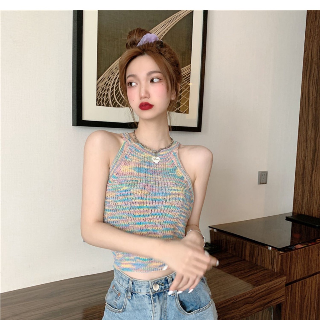 2186#Áo Dệt Kim Sát Nách Cổ Tròn Hở Vai Màu Sắc Thời Trang Mùa Hè 2022 Dành Cho Nữ