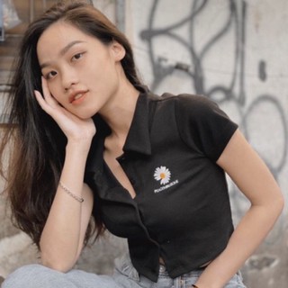 [Có Video Ảnh thật ] Áo Croptop 5 Nut Cổ Bẻ Thêu Cúc