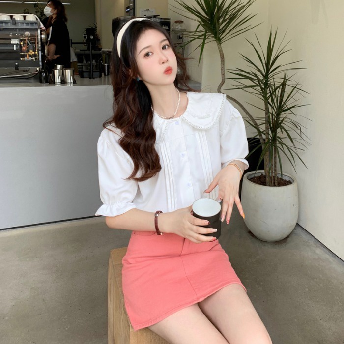 【ZHELIHANGFEI】Áo Sơ Mi Tay Ngắn Cổ Búp Bê Đính Tai Thỏ Kiểu Nhật Bản Dễ Phối Đồ