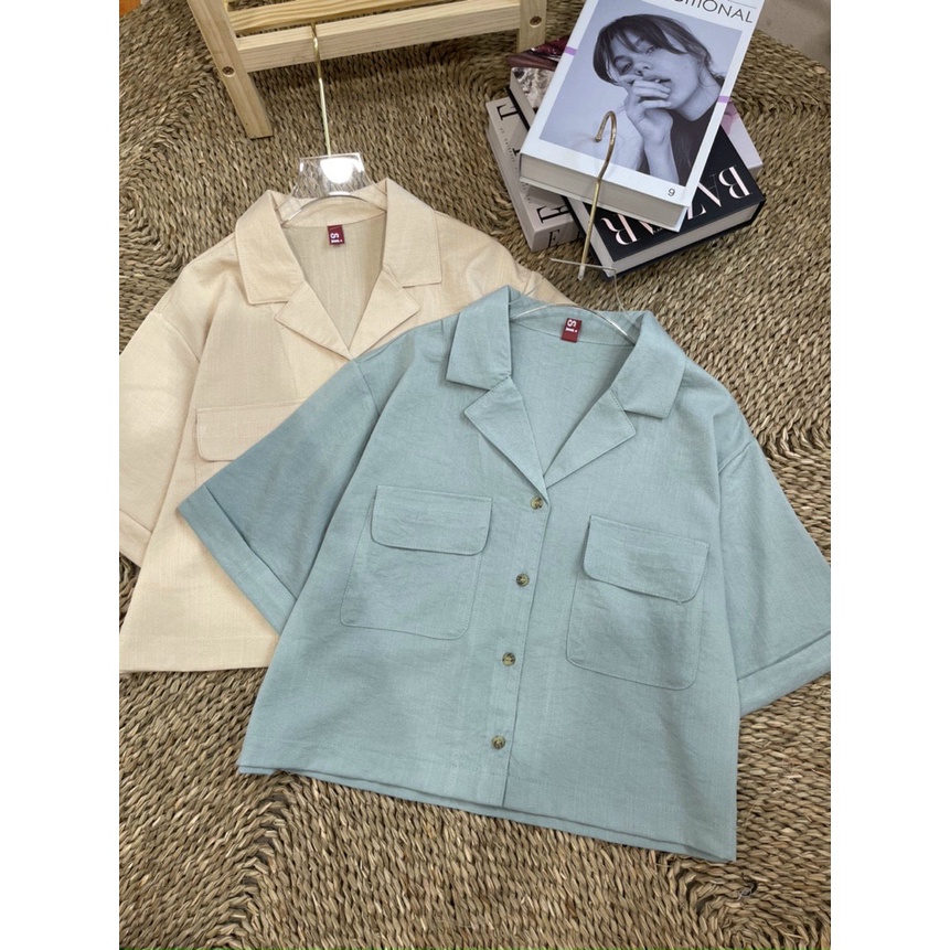 Áo sơ mi xonxen shop cổ vest croptop trẻ trung. Áo sơ mi nữ cổ vest túi ngực croptop