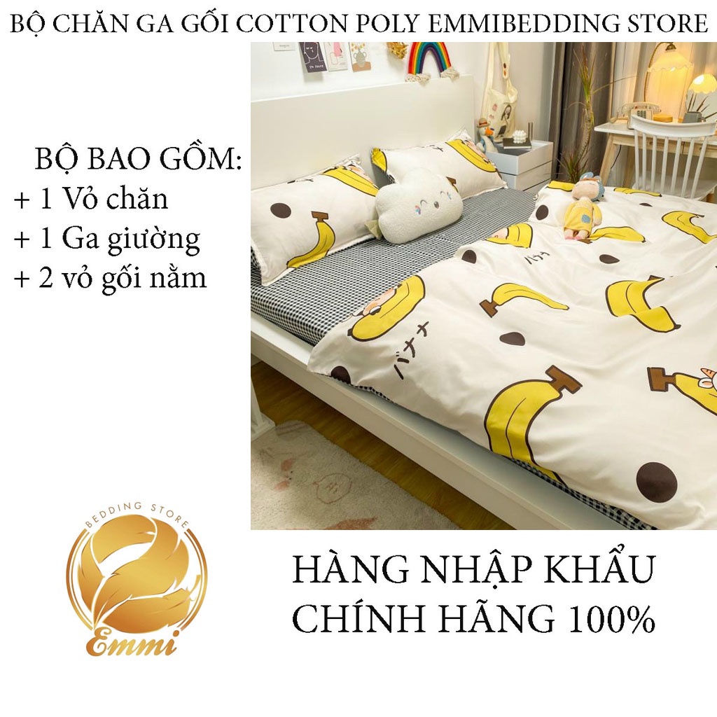 Chăn ga gối Emmibedding chất liệu cotton poly họa tiết bò chuối đáng yêu đủ size miễn phí bo chun