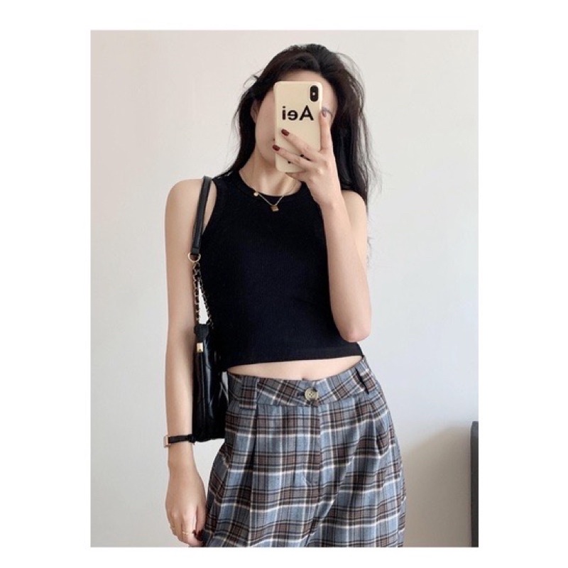 Áo croptop sát nách cổ tròn form ôm, Áo ba lỗ dáng ngắn chất zip co giãn