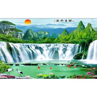 Tranh dán tường 3D thác nước sơn thủy