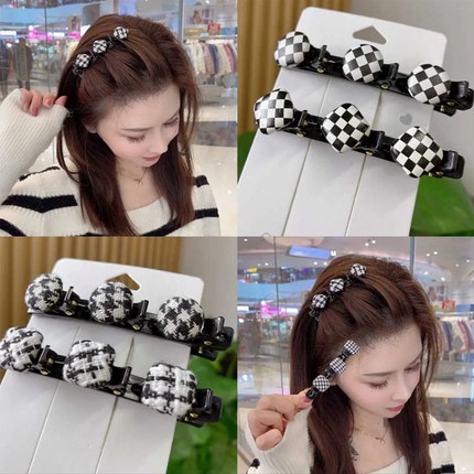 Kẹp Tóc Bện Kiểu Dây Bện Họa Tiết Caro Trắng Đen Cho Nữ