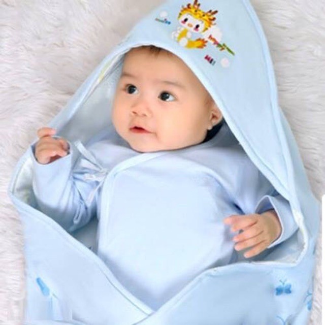 Chăn ủ,chăn choàng cotton có mũ cho bé