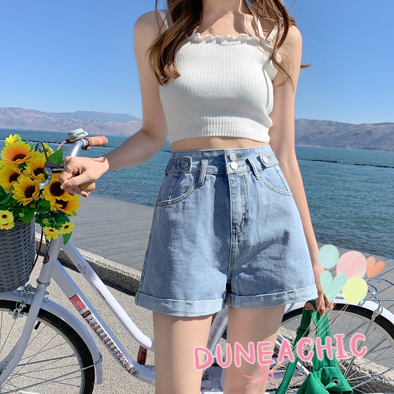 DUNEA Quần Short Denim Lưng Cao Ống Rộng Phối Túi Cá Tính Dành Cho Nữ