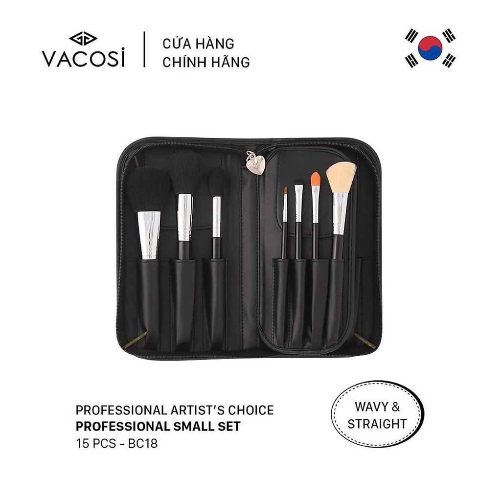 Bộ cọ trang điểm Vacosi BC18 PRO cơ bản (15 cây, bóp da đen) - Bóp Cọ Vacosi