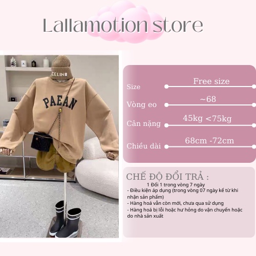 Áo nỉ sweater hoodie đôi nam nữ thời trang trẻ chữ PAEAN hàng quảng châu cao cấp co dãn from rộng hot LALLAMOTION 21 | BigBuy360 - bigbuy360.vn