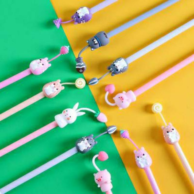 Bút gel ngòi kim thú mọc râu/ bút bi gel nước thỏ, heo, gấu cute mọc mầm trên đầu