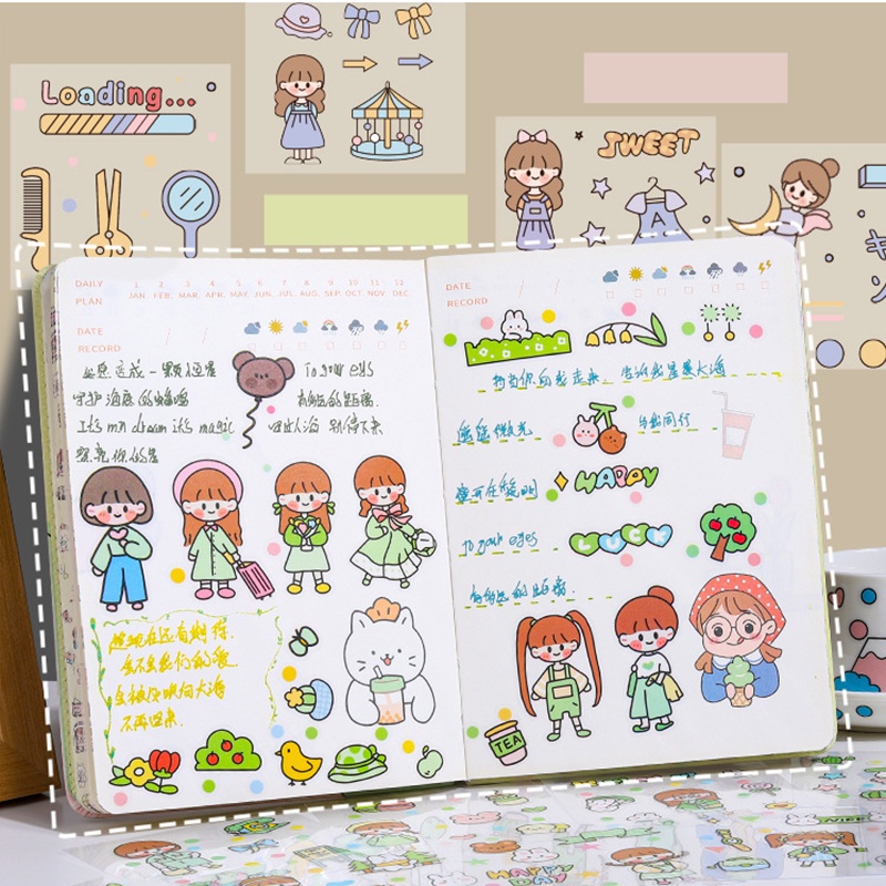 Set 20 / 100 Tấm Sticker Dán Trang Trí Điện Thoại / Nhật Ký Hình Cô Gái Dễ Thương