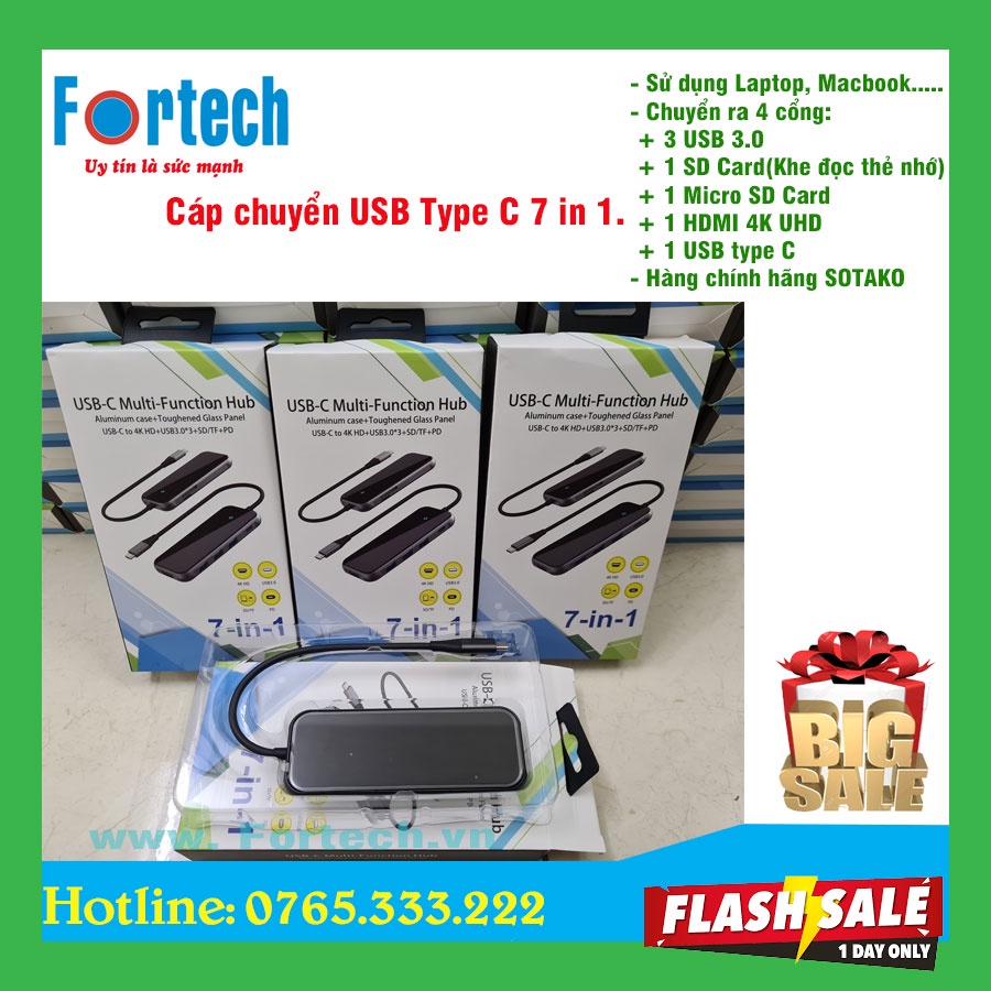 Cáp chuyển đổi Type C 7 in 1, HDMI 4K, 3 cổng USB 3.0, SD Card, TF Card và Type C sạc nhanh SOTAKO Chính hãng.