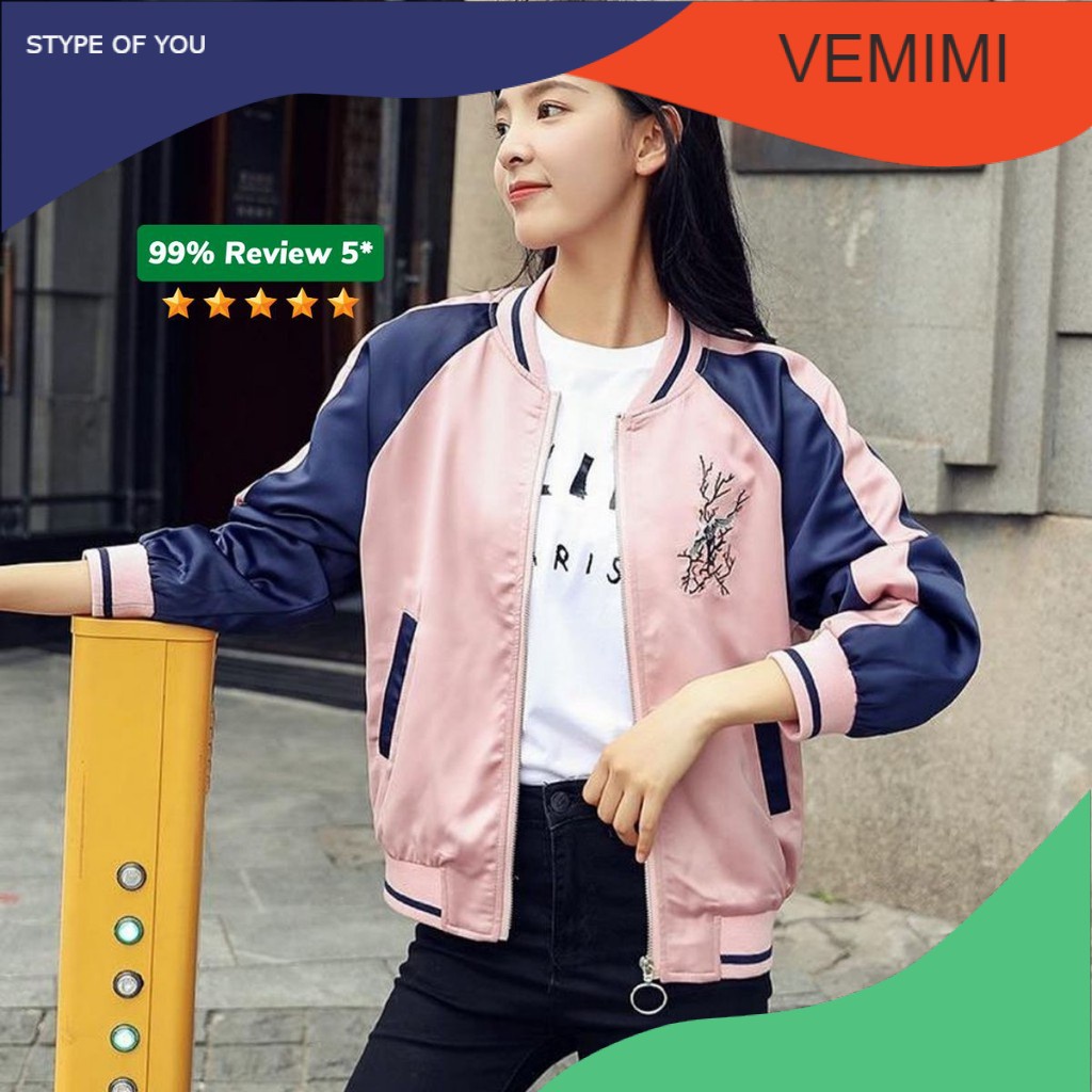 Áo khoác dù Bomber dây kéo KD14 thêu hoa anh đào, form Hàn Quốc unisex cho nam nữ, chất liệu dù cao cấp