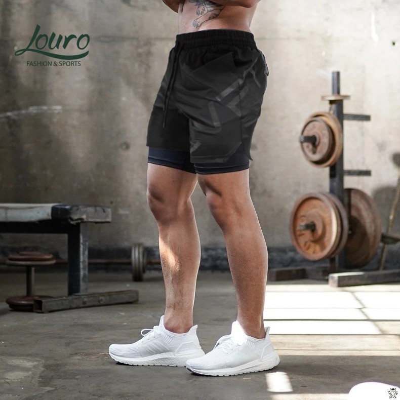 Quần tập gym nam 2 lớp Louro, kiểu quần short đùi nam tập gym, chạy bộ, chơi thể thao, chất liệu co giãn 4 chiều - QT300