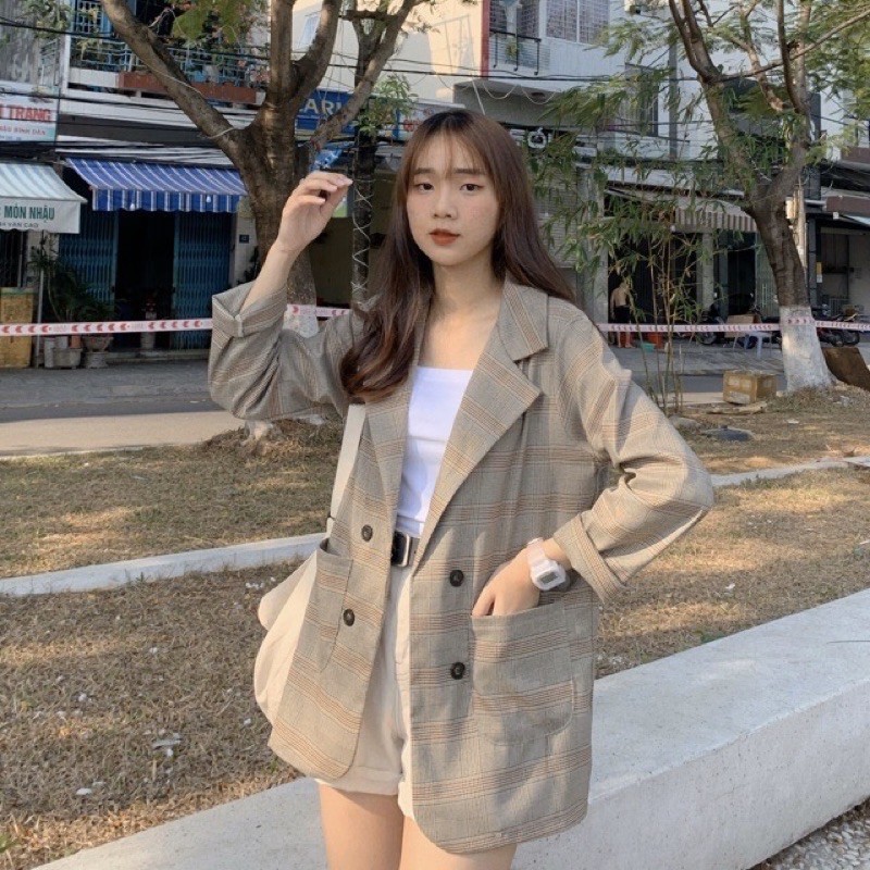 Áo Vest/ Blazer Ulzzang Kẻ Nâu 4 Cúc Loại 1 Lớp - Mono Boutique