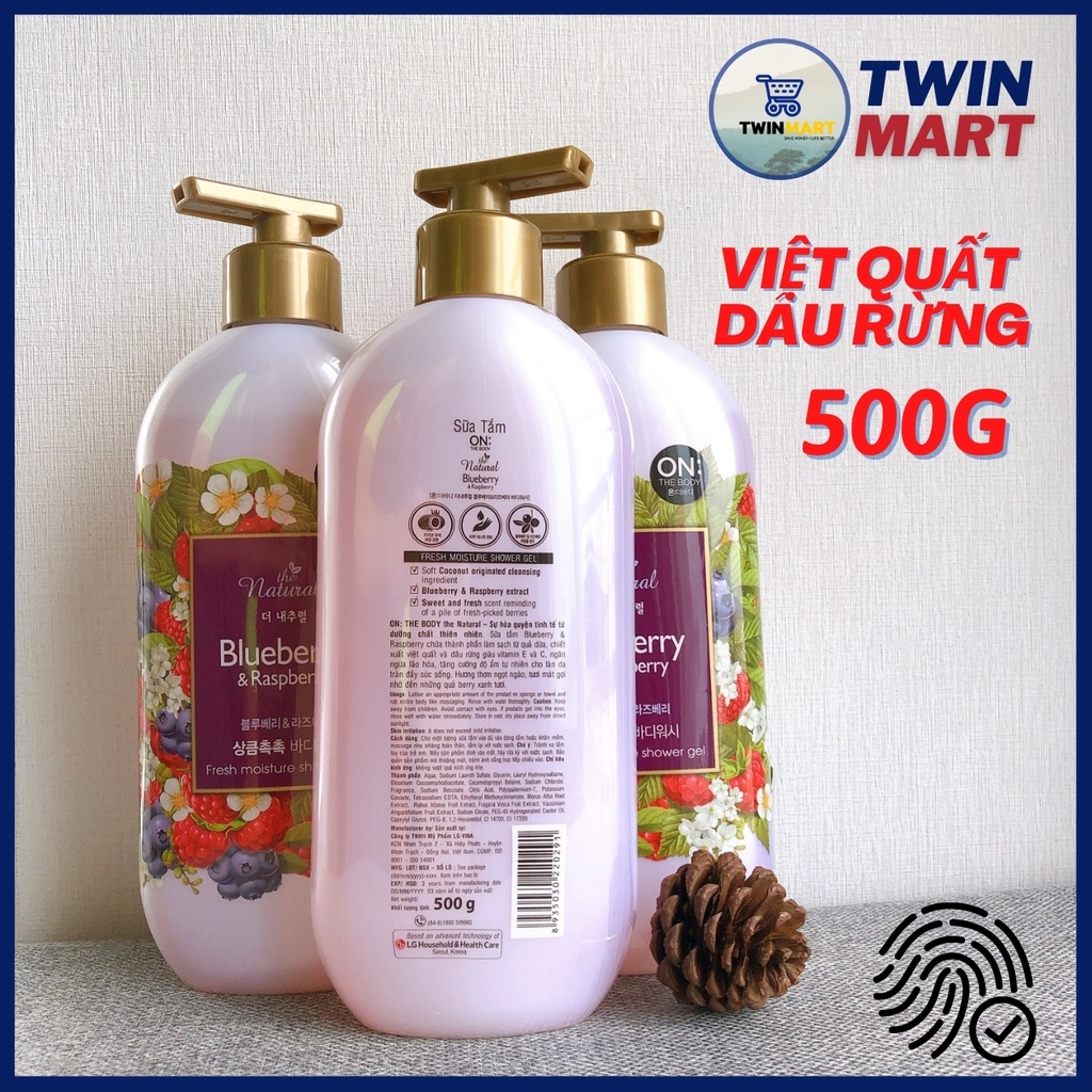 [Đơn 249k tặng dầu gội 36k] TPHCM Sữa tắm Hàn quốc On: The Body Natural 500ml Hương Việt Quất &amp; Dâu Rừng Blueberry