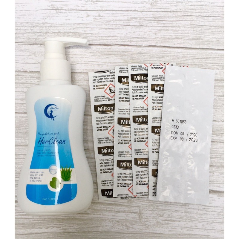 Gel rửa và 1 hộp viên tiệt trùng cốc nguyệt san