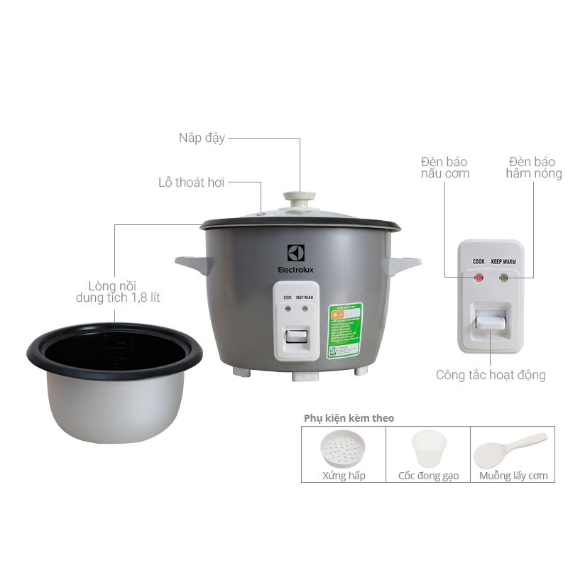 Nồi cơm điện Electrolux  ERC1800 1.8 lít có xửng hấp