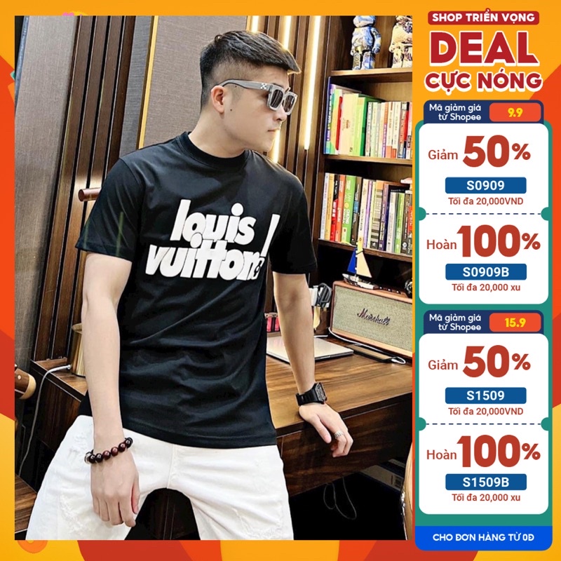 Áo thun nam cổ tròn tay ngắn áo phông nam in hình LV đen trắng vải cotton không xù lông form chuẩn thun lạnh