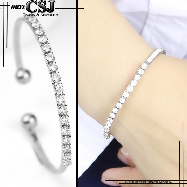 Vòng tay inox nữ kiểu hở 2 đầu bi đính 1 hàng xoàn đẹp không đen
