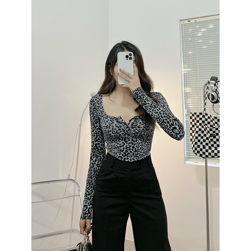 Áo croptop nữ tay dài HHVINTAGE kiểu tà bầu bấm nút thun co giãn Top A39