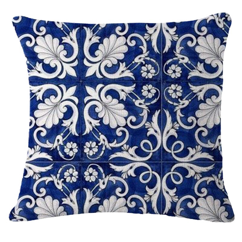 Vỏ Gối Cotton Lanh In Họa Tiết Hoa Màu Trắng Và Xanh Dương Phong Cách Trung Hoa Trang Trí Ghế Sofa
