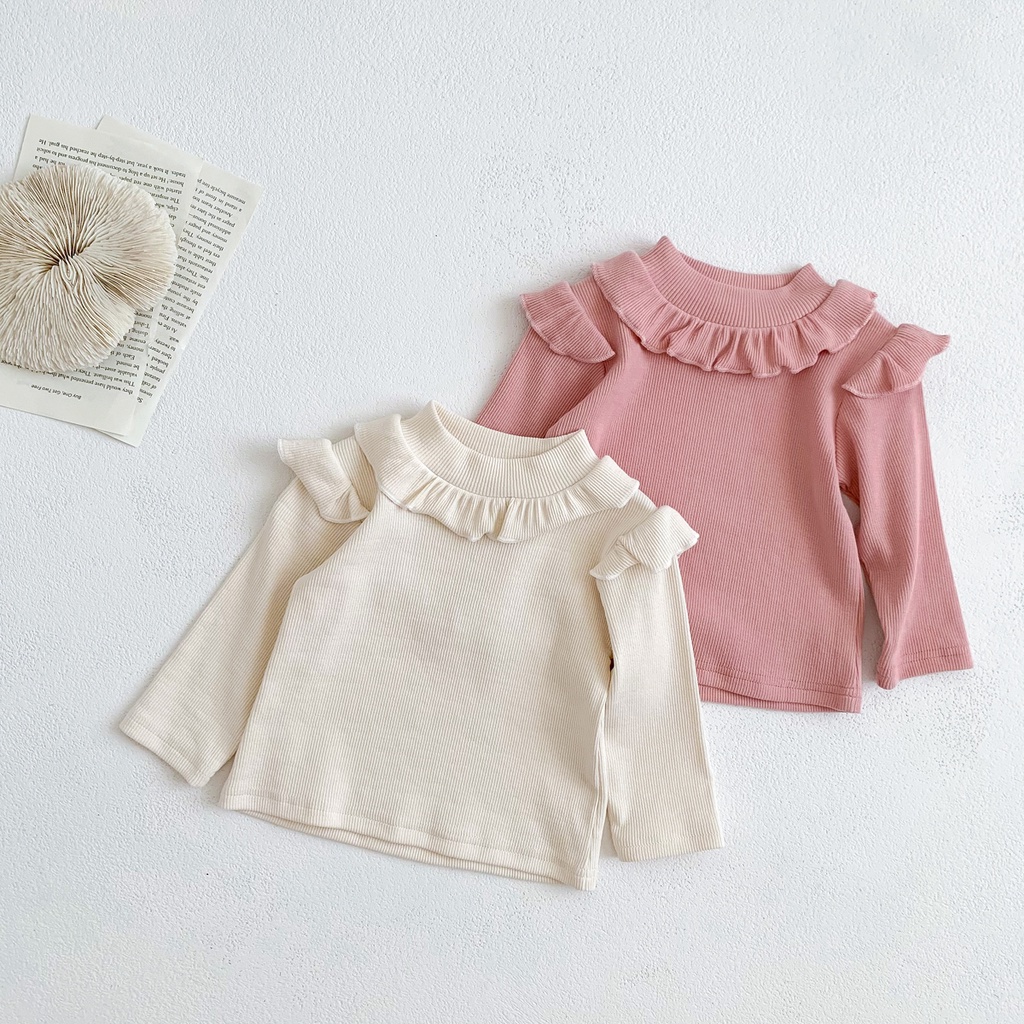 Áo Cotton Tay Dài Phối Ren Màu Kẹo Dễ Thương Phong Cách Hàn Quốc Thời Trang Mùa Đông Cho Bé Gái
