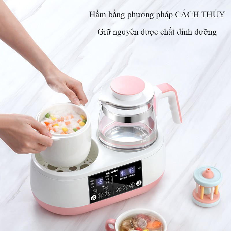 Bình đun nước pha sữa khử CLO, điều chỉnh nhiệt kèm nồi hầm cháo bằng sứ đa năng Mcdou 8in1