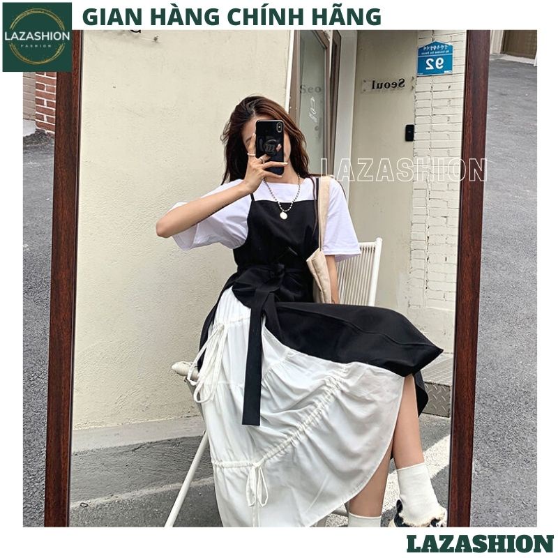 Set váy yếm đen trắng đầm nữ áo cộc tay croptop kèm váy 2 dây dài maxi dáng xòe kiểu dáng ulzaang hàn quốc hot trend | BigBuy360 - bigbuy360.vn