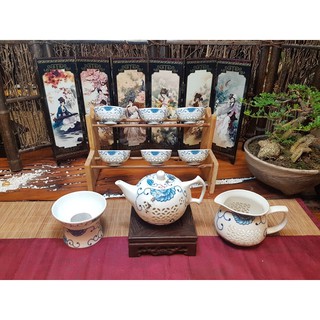 Bộ ấm chén thưởng trà Gốm kết hợp Thủy tinh sang trọng