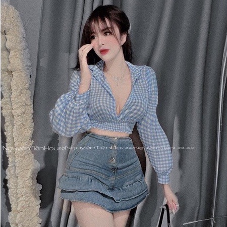 Áo Sơ Mi Nữ Caro Nhúng Eo Tay Phồng