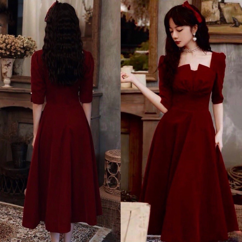 VÁY NHUNG ĐỎ ĐÔ DÁNG XOÈ DÀI 106cm TIỂU THƯ ( video quay- ảnh thật trải thảm) | BigBuy360 - bigbuy360.vn