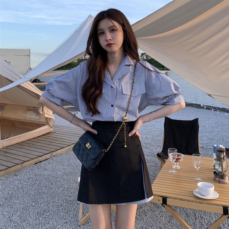 Set Áo Sơ Mi Tay Ngắn Dáng Rộng Kẻ Sọc + Chân Váy Đen Mini Size S-3Xl Thời Trang Mùa Hè Cho Nữ | BigBuy360 - bigbuy360.vn