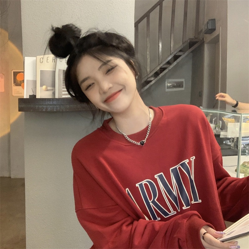 Áo Sweater Tay Dài Dáng Rộng Cổ Tròn In Chữ Kiểu Hàn Quốc Cá Tính