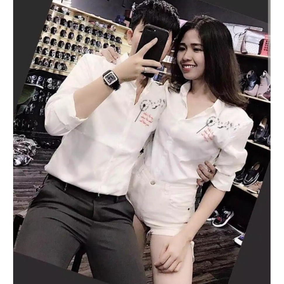 ÁO SƠ MI NAM NỮ DÀI TAY CẶP ĐÔI TRẮNG IN THÊU LOGO | BigBuy360 - bigbuy360.vn
