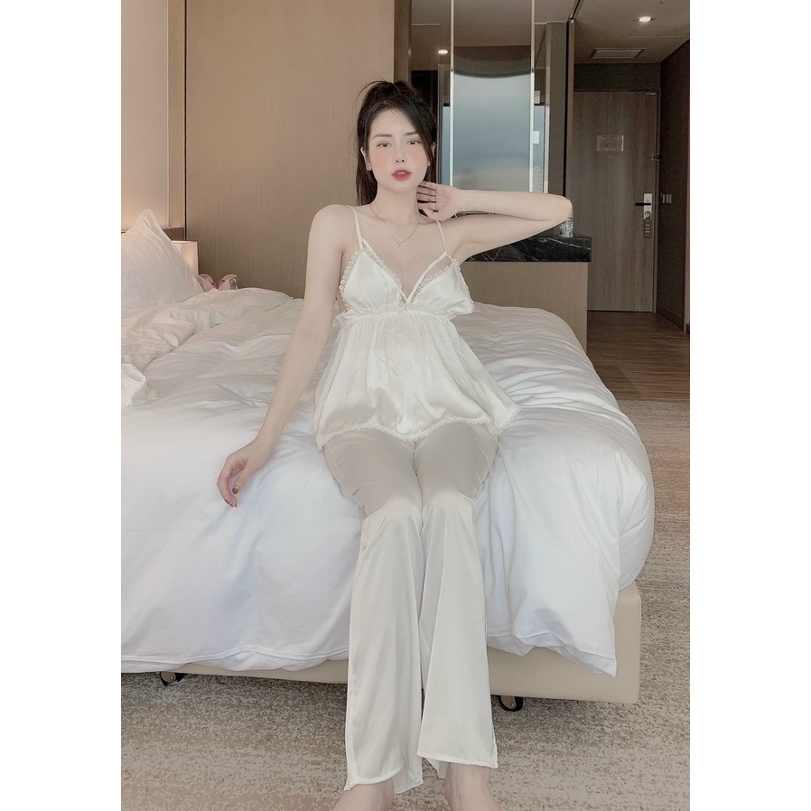 Đồ Ngủ, Đồ Bộ, Pijama Nữ, Set Áo 2 Dây Sexy Quần Dài Lụa Siêu Mát Freesize