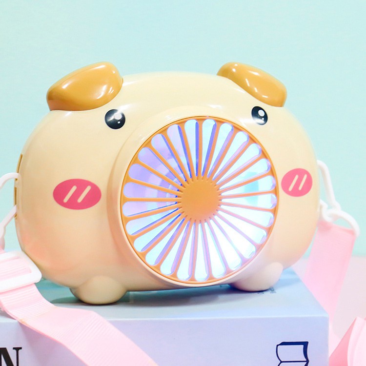 Quạt mini cầm tay Cute Pig Fan 3313 pin sạc , Có đèn Led- Tặng kèm dây đeo cổ