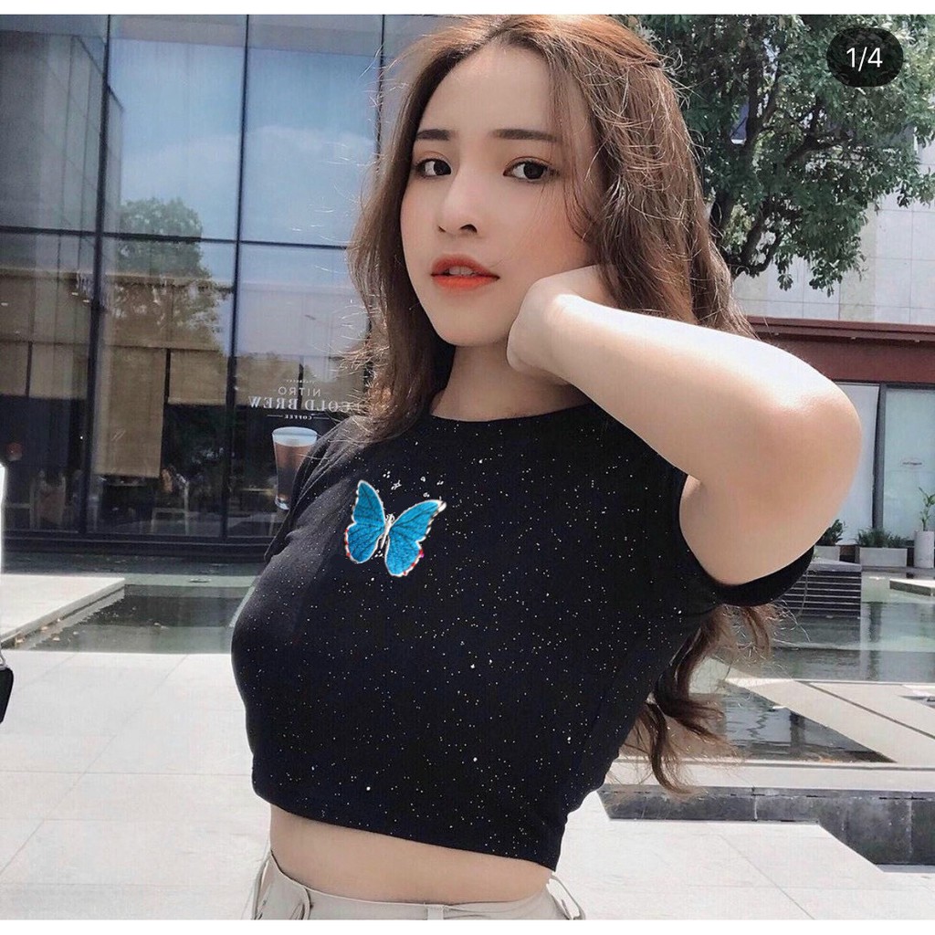 Áo croptop ôm body thêu hình bướm xanh trên nền ngân hà cực xinh , chất thun lạnh mềm mịn mát