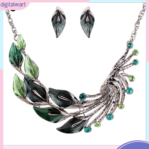 Bộ dây chuyền và khuyên tai hình lông công đính kim cương giả phong cách cổ điển