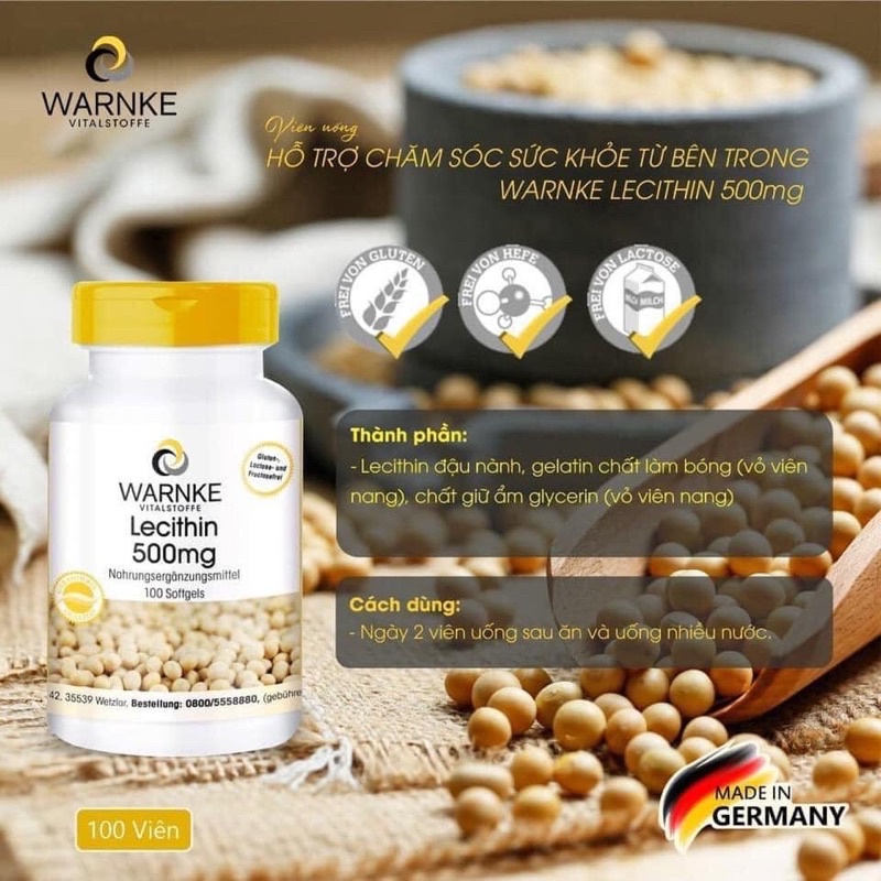 Mầm đậu nành Đức Warnke Vitalstoffe Lecithin 500mg tăng kích thước vòng 1, hỗ trợ làm đẹp da, đào thải độc tố gan