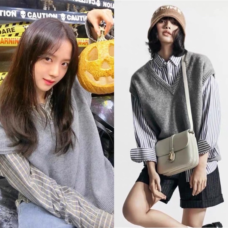Set áo sơmi xám kèm Gile giống Jisoo Blackpink