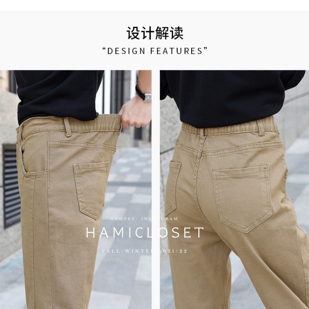 Quần baggy jeans kaki ống đứng kiểu dáng trơn basic chun sau phong cách đơn giản vintage