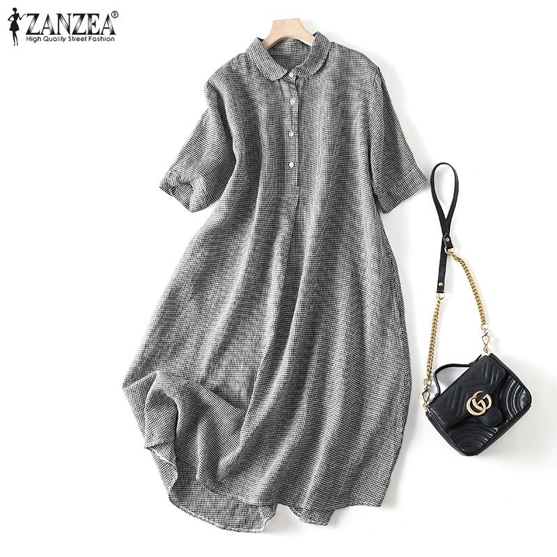 Đầm ZANZEA ngắn tay form rộng họa tiết ca rô đơn giản dành cho nữ